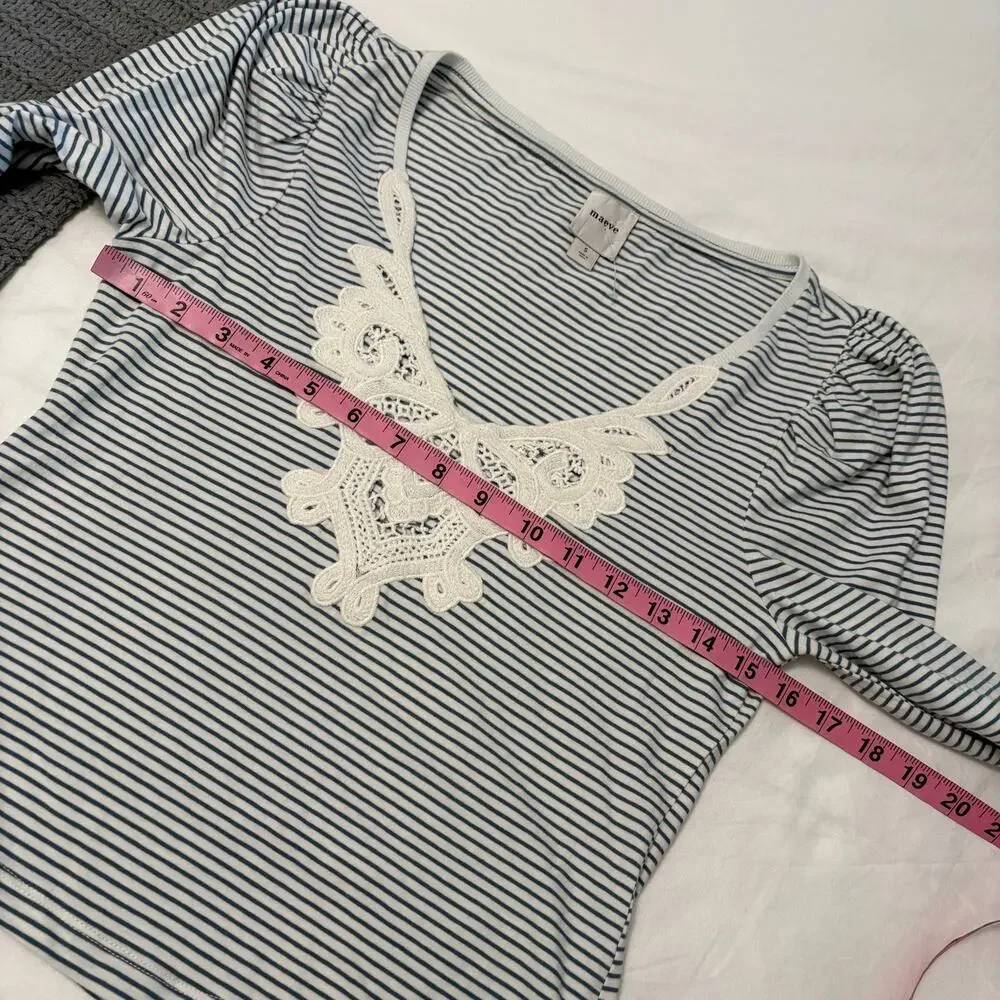 Anthropologie Maeve Striped Puff Sleeve Lace Top Size Small Nautical Coastal